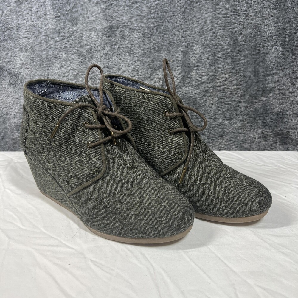 TOMS Boots Womens Size 9.5 Gray Wool Blend Herringbone Chukka Wedge Lace Up